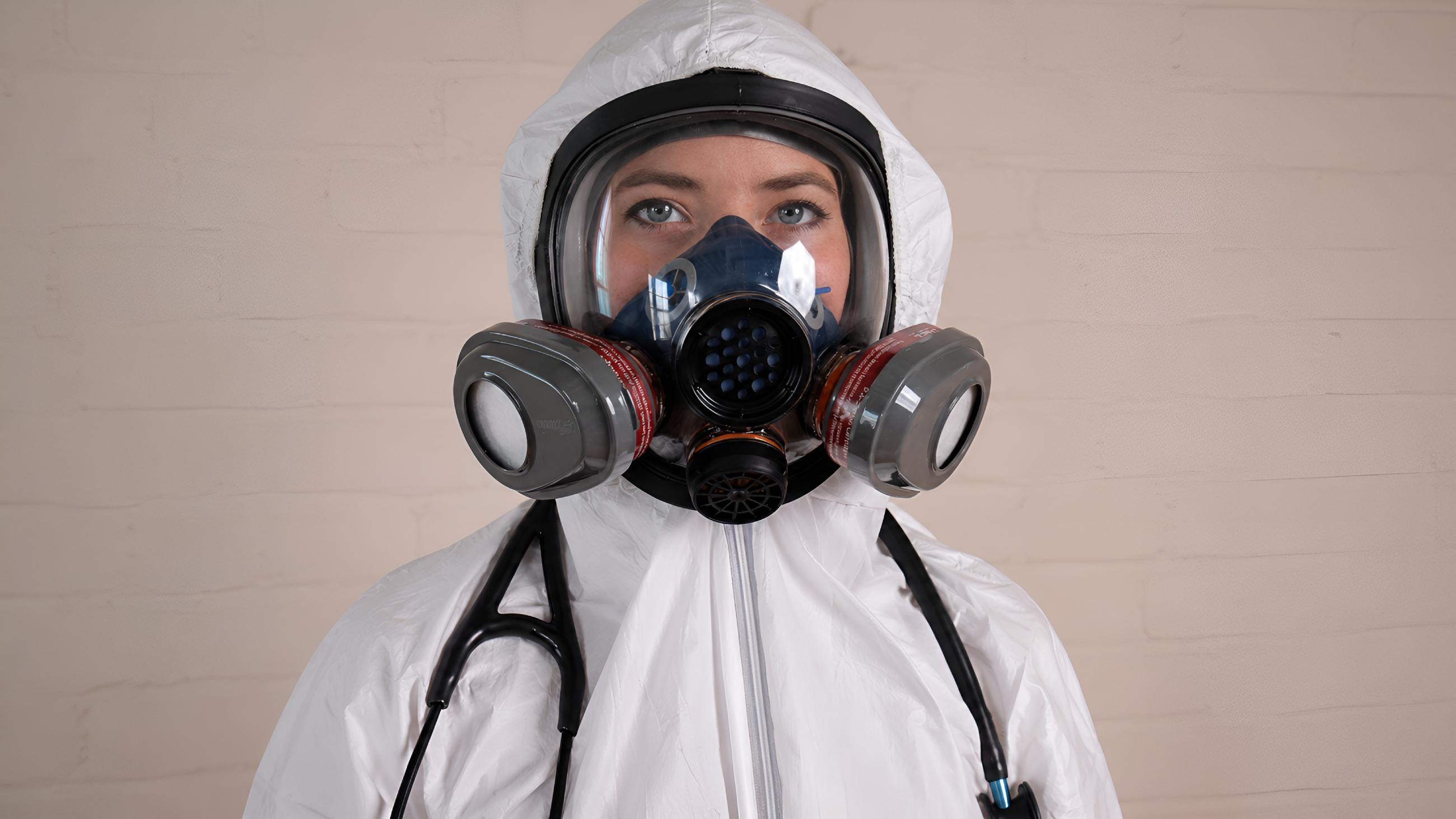Scam nurse bunny wearing gas mask posing as fake medical professional