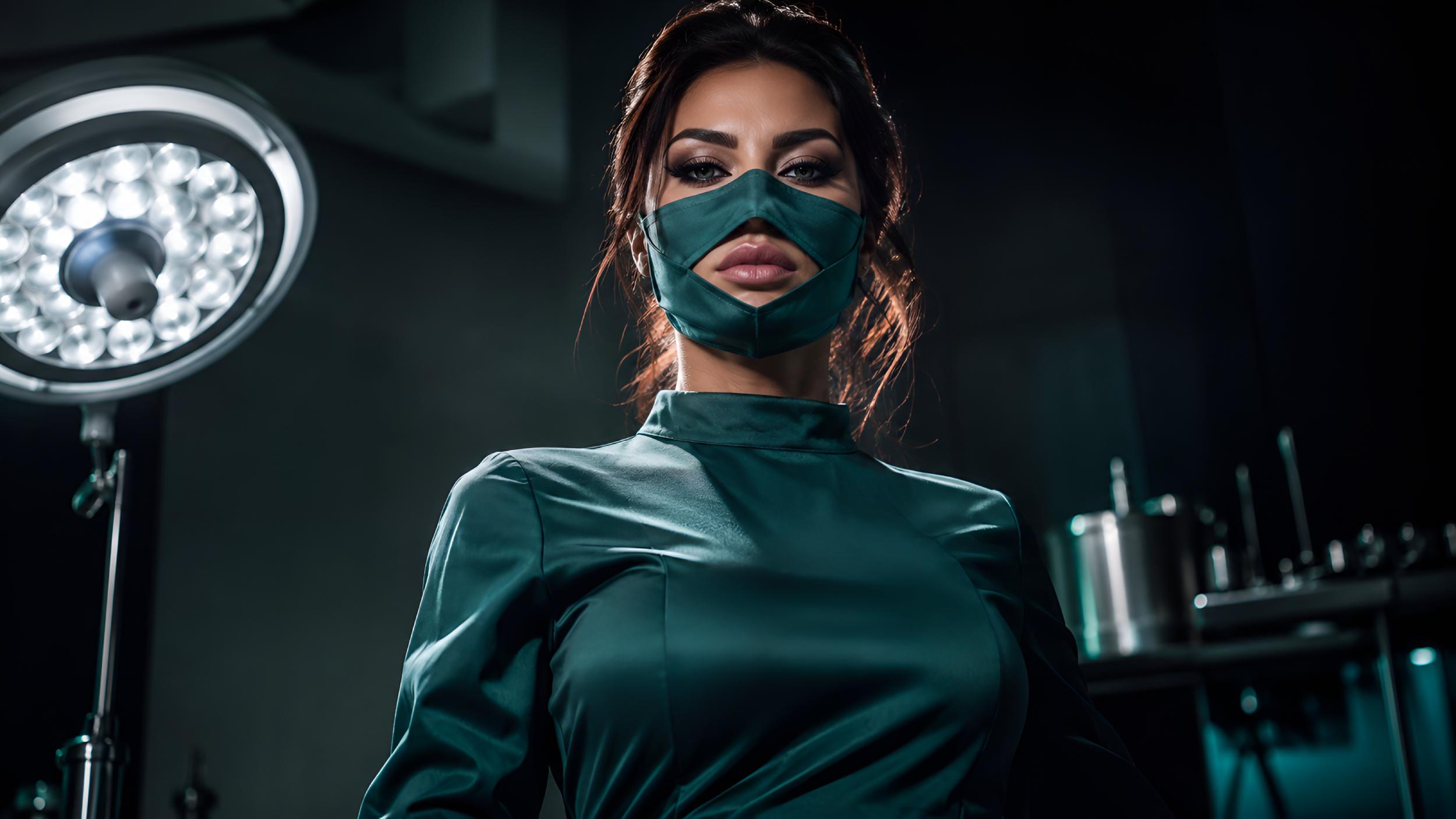 Mistress Katharina Amara standing in clinical dominance gear for medical BDSM porn critique